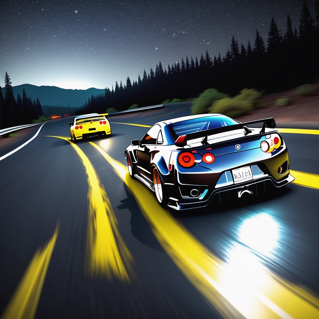 Race cars in a high speed street race (best quality,4k,8k,highres,masterpiece:1.2),ultra-detailed, ((a customized car)), ((street racer)), ((a beautiful paintjob)), ((fully detailed)), illustration, vivid colors, GTR, NSX,  Drifting, going fast, night, bright yellow headlights,setting USA Oregon's Mountain roads, No text on signs, Late night time dark skys filled with moonlight and bright stars,1 car.,Nature,modelshoot style, Fast action style, Sideways drifting in to a turn, gray and black cars,