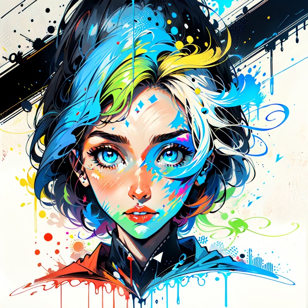  Painting, Dripping Paint, Splatter Paint, Spray Paint, Neon, Electric Colors, High Contrast, 32k,, mathematically correctly centered, super hard visible brush stroke, trending on artstation, midjourney, 1 girl,