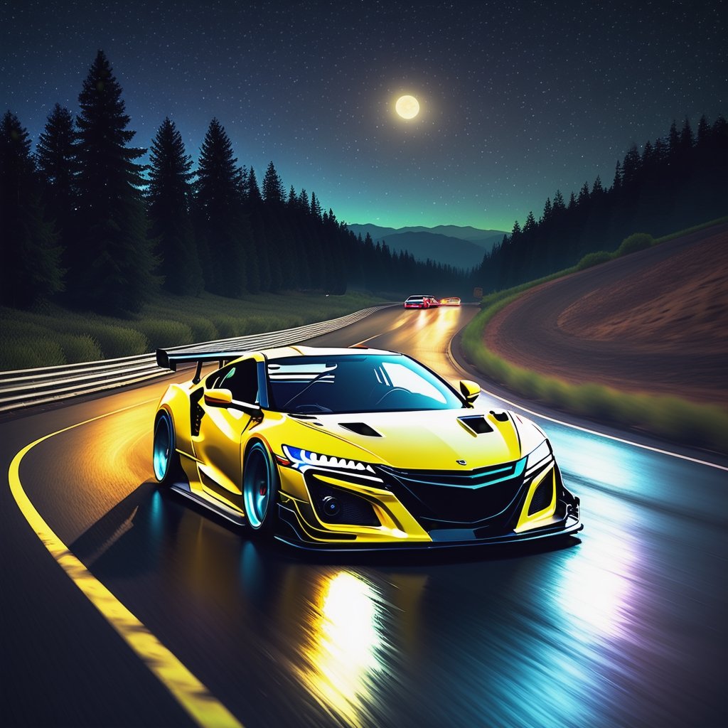 Race cars in a high speed street race (best quality,4k,8k,highres,masterpiece:1.2),ultra-detailed, ((a customized car)), ((street racer)), ((a beautiful paintjob)), ((fully detailed)), illustration, vivid colors, GTR, NSX,  Drifting, going fast, night, bright yellow headlights,setting USA Oregon's Mountain roads, No text on signs, Late night time dark skys filled with moonlight and bright stars,1 car.,Nature,modelshoot style