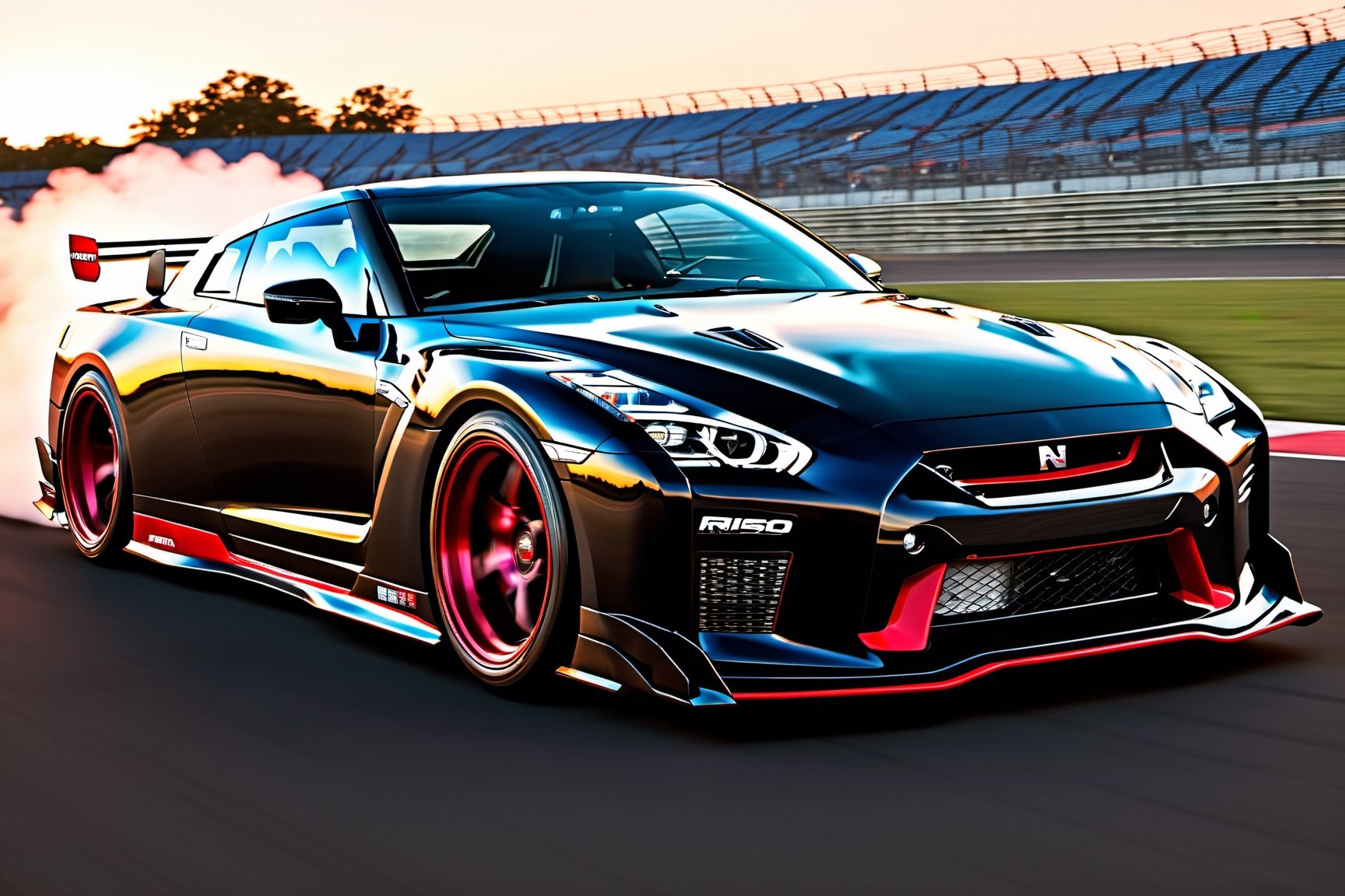 (((A photo realistic image of a Nissan GT-R Nismo 2023))), ((wide shot)) , sharp, detailed car body , detailed tires, (masterpiece, best quality, ultra-detailed, 8K), race car, street racing-inspired, Drifting inspired, LED, ((Twin headlights)), (((Bright neon color racing stripes))), (Black racing wheels), Wheel spin showing motion, Show car in motion, Burnout,  wide body kit, modified car,  racing livery, masterpiece, best quality, realistic, ultra high res, (((depth of field))), (full dual color neon lights:1.2), (hard dual color lighting:1.4), (detailed background), (masterpiece:1.2), (ultra detailed), (best quality), intricate, comprehensive cinematic, magical photography, (gradients), glossy, Fast action style, Sideways drifting in to a turns, ,c_car,fire element