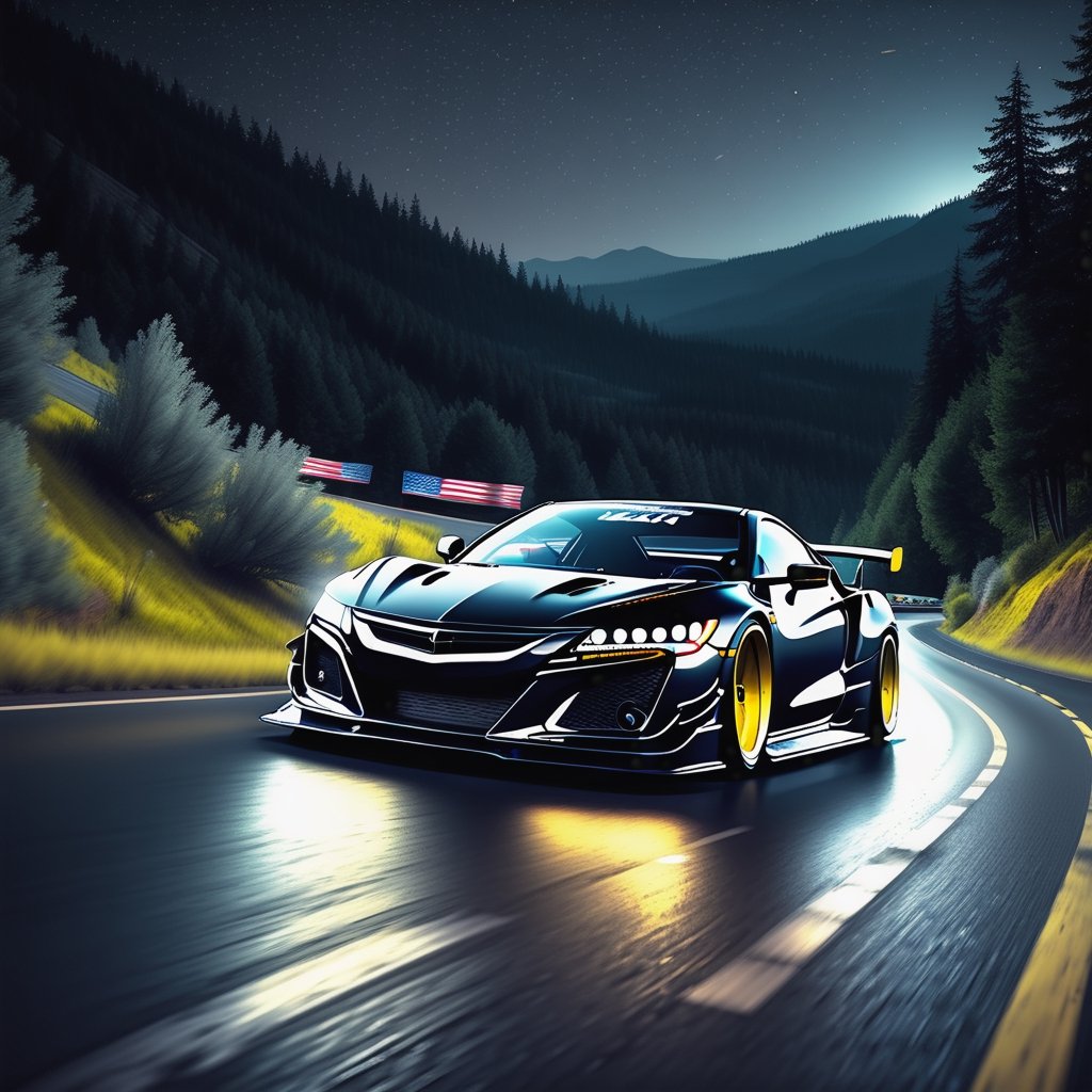 Race cars in a high speed street race (best quality,4k,8k,highres,masterpiece:1.2),ultra-detailed, ((a customized car)), ((street racer)), ((a beautiful paintjob)), ((fully detailed)), illustration, vivid colors, GTR, NSX,  Drifting, going fast, night, bright yellow headlights,setting USA Oregon's Mountain roads, No text on signs, Late night time dark skys filled with moonlight and bright stars,1 car.,Nature,modelshoot style, Fast action style, gray and black cars,