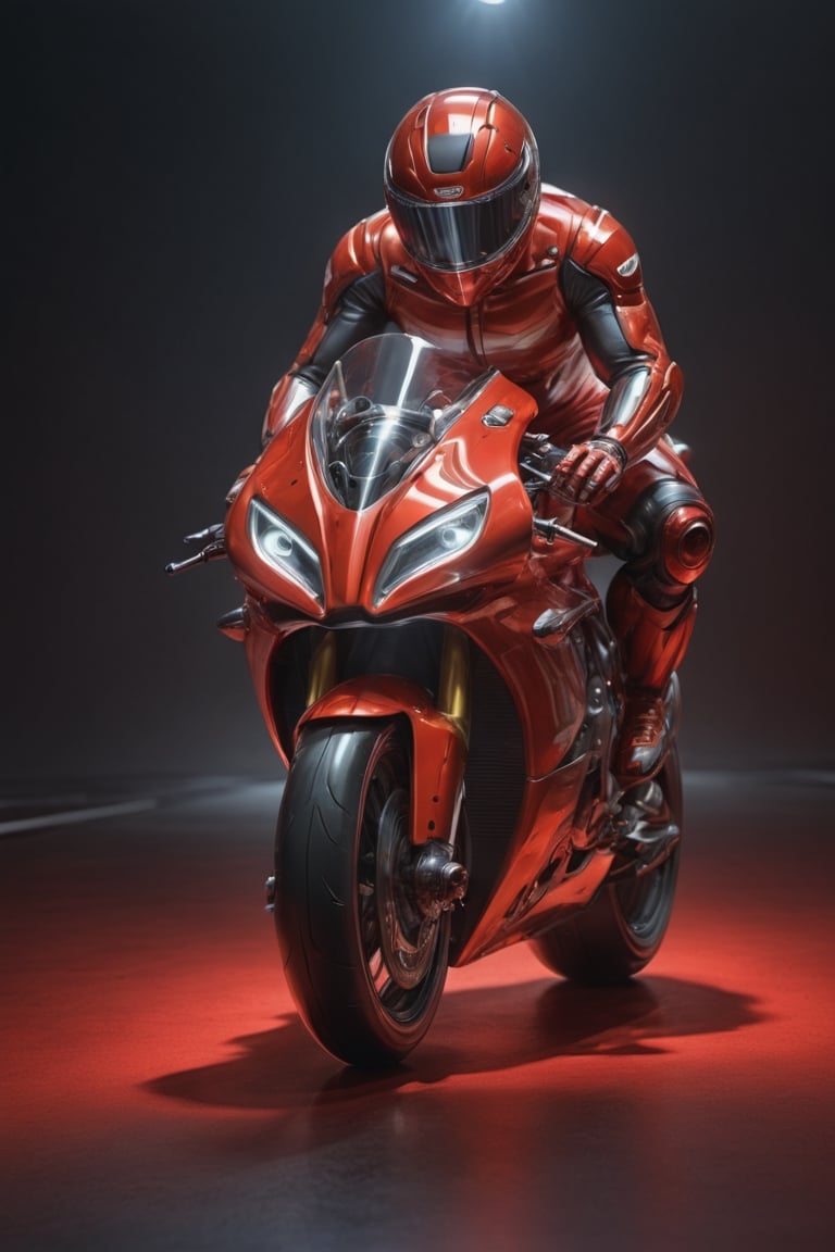 Masterpiece, ultra-definition, super detailed, perfect drawing, 1  transparent SPORT race motocycle with headlight on white lights , Colored red, silver and black carbonfiber, Industrial design, clean, Luminous neon lit,  red background, Surrealism, UHD, high details, best quality, 2K