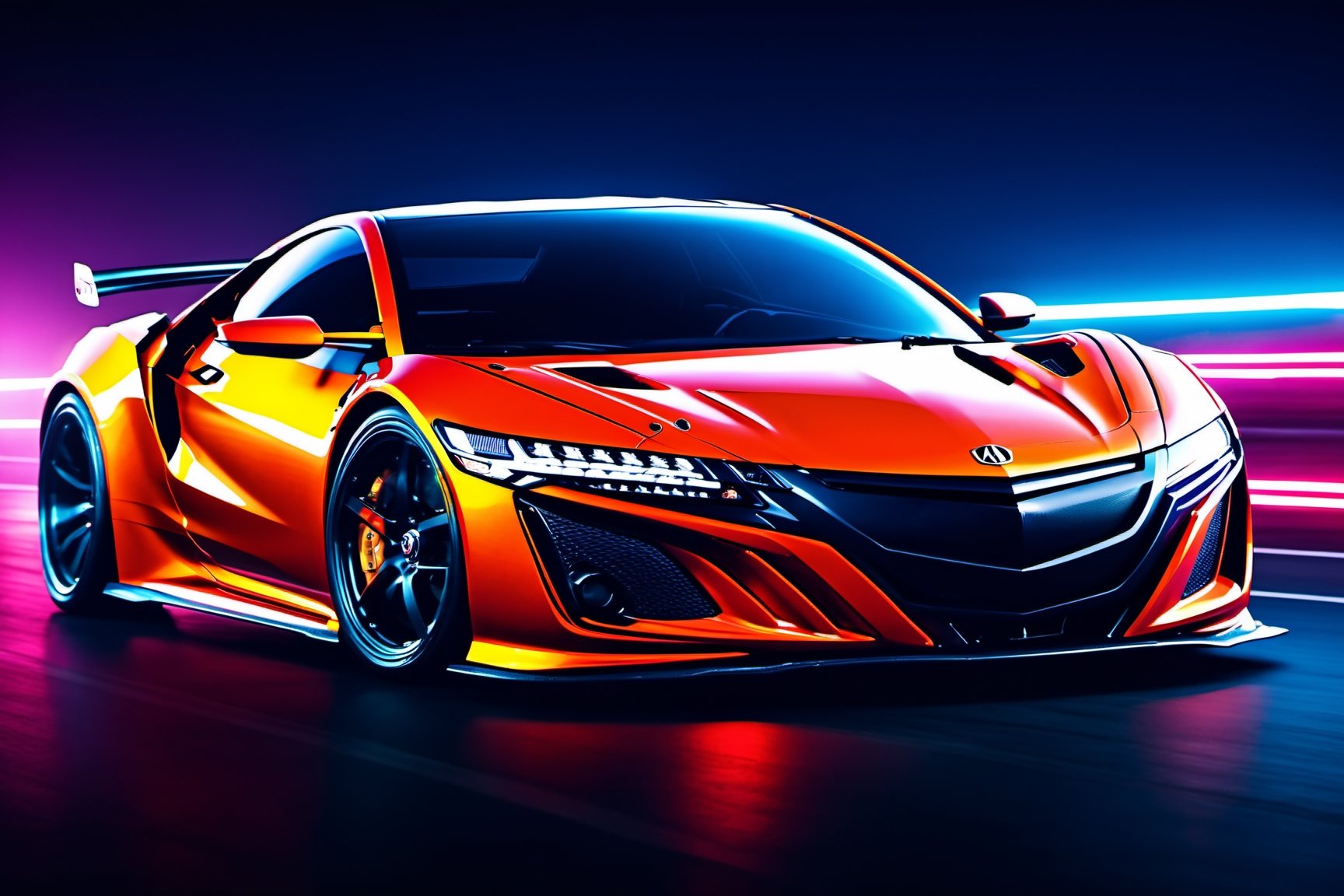 (((A photo realistic image of a Acura NSX))), ((Wide View)), (setting race track), ((wide shot)) , sharp, detailed car body , detailed tires, (masterpiece, best quality, ultra-detailed, 8K), race car, street racing-inspired, Drifting inspired, LED, ((Twin headlights)), (((Bright neon color racing stripes))), (Black racing wheels), Wheel spin showing motion, Show car in motion, Burnout,  wide body kit, modified car,  racing livery, masterpiece, best quality, realistic, ultra high res, (((depth of field))), (full dual color neon lights:1.2), (hard dual color lighting:1.4), (detailed background), (masterpiece:1.2), (ultra detailed), (best quality), intricate, comprehensive cinematic, magical photography, (gradients), glossy, Fast action style, Sideways drifting in to a turns, ,DonMPl4sm4T3chXL ,more detail XL,Movie Still