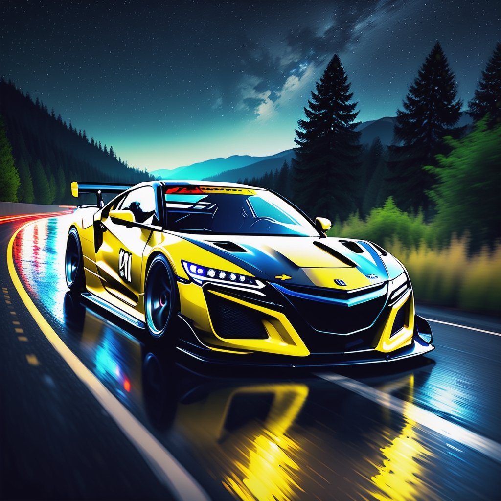 Race cars in a high speed street race (best quality,4k,8k,highres,masterpiece:1.2),ultra-detailed, ((a customized car)), ((street racer)), ((a beautiful paintjob)), ((fully detailed)), illustration, vivid colors, GTR, NSX,  Drifting, going fast, night, bright yellow headlights,setting USA Oregon's Mountain roads, No text on signs, Late night time dark skys filled with moonlight and bright stars,1 car.,Nature,modelshoot style