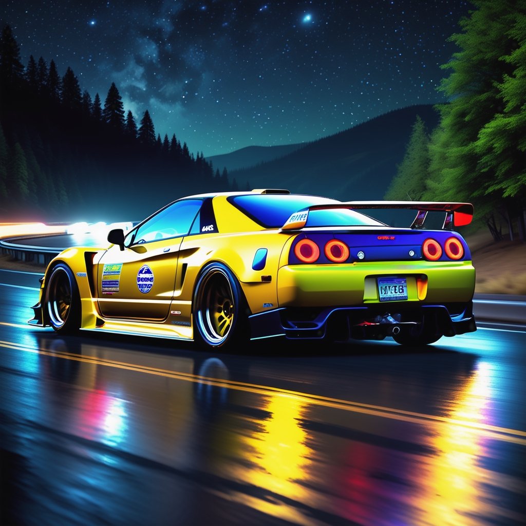 Race cars in a high speed street race (best quality,4k,8k,highres,masterpiece:1.2),ultra-detailed, ((a customized car)), ((street racer)), ((a beautiful paintjob)), ((fully detailed)), illustration, vivid colors, GTR, NSX,  Drifting, going fast, night, bright yellow headlights,setting USA Oregon's Mountain roads, No text on signs, Late night time dark skys filled with moonlight and bright stars,1 car.,Nature,modelshoot style, Fast action style,