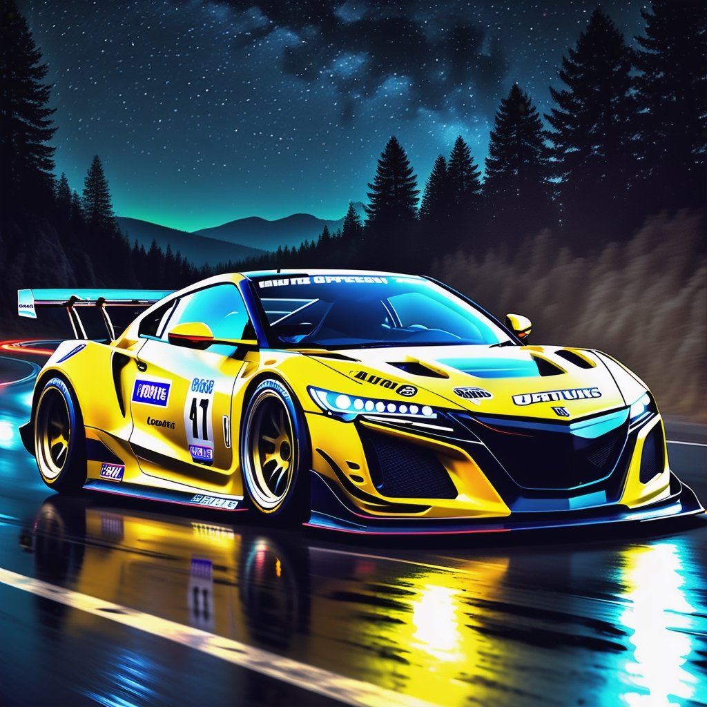 Race cars in a high speed street race (best quality,4k,8k,highres,masterpiece:1.2),ultra-detailed, ((a customized car)), ((street racer)), ((a beautiful paintjob)), ((fully detailed)), illustration, vivid colors, GTR, NSX,  Drifting, going fast, night, bright yellow headlights,setting USA Oregon's Mountain roads, No text on signs, Late night time dark skys filled with moonlight and bright stars,1 car.,Nature,modelshoot style, Fast action style,