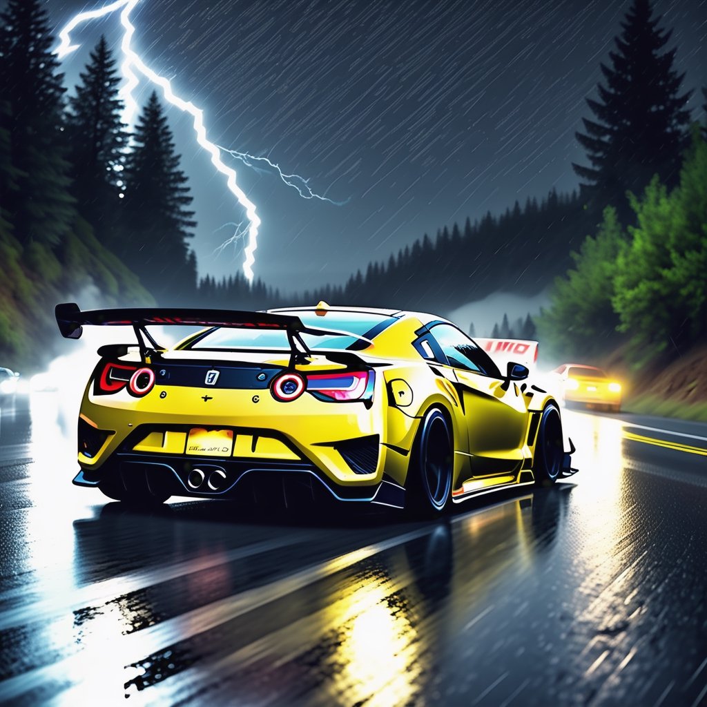 Race cars in a high speed street race (best quality,4k,8k,highres,masterpiece:1.2),ultra-detailed, ((a customized car)), ((street racer)), ((a beautiful paintjob)), ((fully detailed)), illustration, vivid colors, GTR, NSX,  Drifting, going fast, night, bright yellow headlights,setting USA Oregon's Mountain roads, No text on signs, Late night time dark skys filled with moonlight and bright stars,1 car.,Nature,modelshoot style, Fast action style, Sideways drifting in to a turn, gray and black cars, Set in a rain storm with lightning,