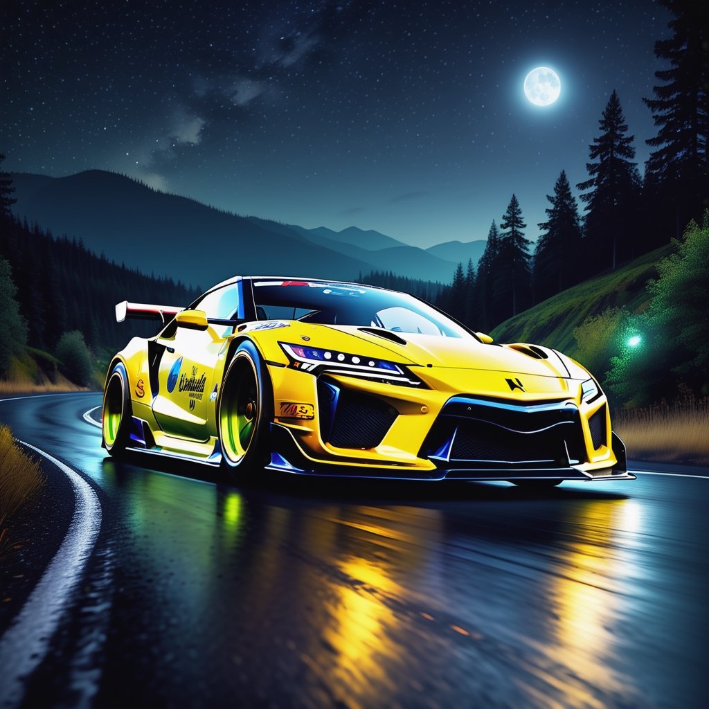 Race cars in a high speed street race (best quality,4k,8k,highres,masterpiece:1.2),ultra-detailed, ((a customized car)), ((street racer)), ((a beautiful paintjob)), ((fully detailed)), illustration, vivid colors, GTR, NSX,  Drifting, going fast, night, bright yellow headlights,setting USA Oregon's Mountain roads, No text on signs, Late night time dark skys filled with moonlight and bright stars,1 car.,Nature,modelshoot style