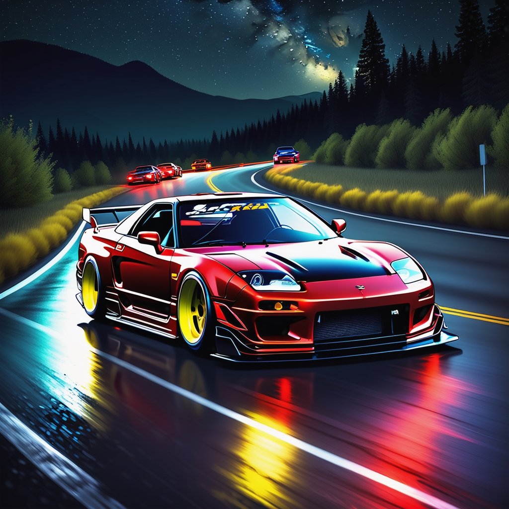 Race cars in a high speed street race (best quality,4k,8k,highres,masterpiece:1.2),ultra-detailed, ((a customized car)), ((street racer)), ((a beautiful paintjob)), ((fully detailed)), illustration, vivid colors, GTR, NSX,  Drifting, going fast, night, bright yellow headlights,setting USA Oregon's Mountain roads, No text on signs, Late night time dark skys filled with moonlight and bright stars,1 car.,Nature,modelshoot style, Fast action style, red and black cars,