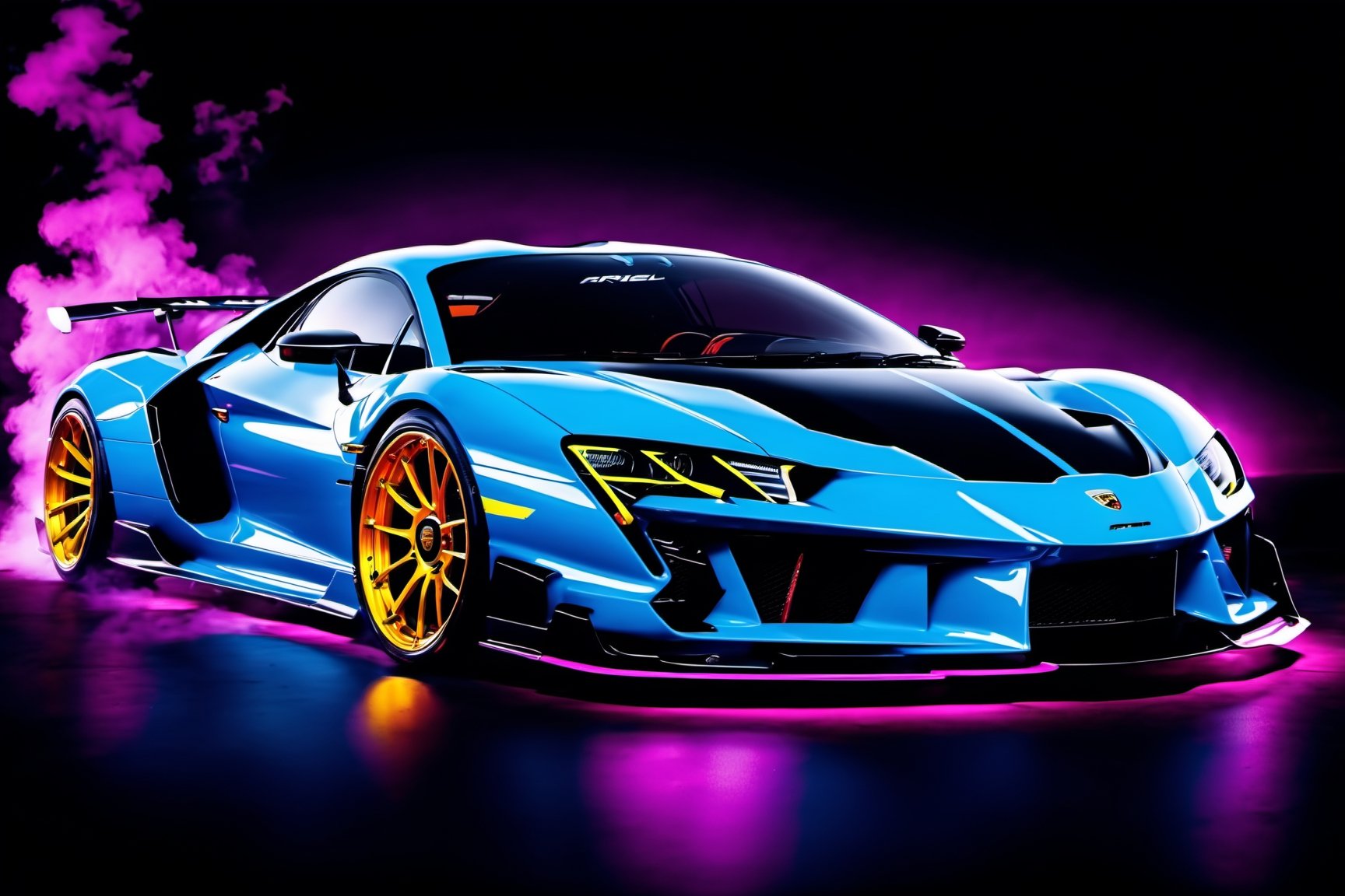  (masterpiece, best quality, ultra-detailed, 8K), race car, street racing-inspired,Drifting inspired, LED, ((Twin headlights)), (((Bright neon color racing stripes))), (Black racing wheels), Wheelspin showing motion, Show car in motion, Burnout,  wide body kit, modified car,  racing livery, masterpiece, best quality, realistic, ultra highres, (((depth of field))), (full dual colour neon lights:1.2), (hard dual color lighting:1.4), (detailed background), (masterpiece:1.2), (ultra detailed), (best quality), intricate, comprehensive cinematic, magical photography, (gradients), glossy, Night with galaxy sky, Fast action style, fire out of tail pipes, Sideways drifting in to a turn, Neon galaxy metalic paint with race stripes, GTR Nismo, NSX, Porsche, Lamborghini, Ferrari, Bugatti, Ariel Atom, BMW, Audi, Mazda, Toyota supra, Lamborghini Aventador,  aesthetic,intricate, realistic,cinematic lighting, Neon Paint, streaks of fire,c_car