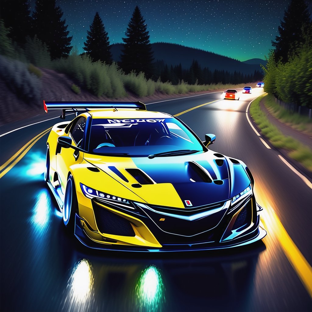 Race cars in a high speed street race (best quality,4k,8k,highres,masterpiece:1.2),ultra-detailed, ((a customized car)), ((street racer)), ((a beautiful paintjob)), ((fully detailed)), illustration, vivid colors, GTR, NSX,  Drifting, going fast, night, bright yellow headlights,setting USA Oregon's Mountain roads, No text on signs, Late night time dark skys filled with moonlight and bright stars,1 car.,Nature,modelshoot style, Fast action style,