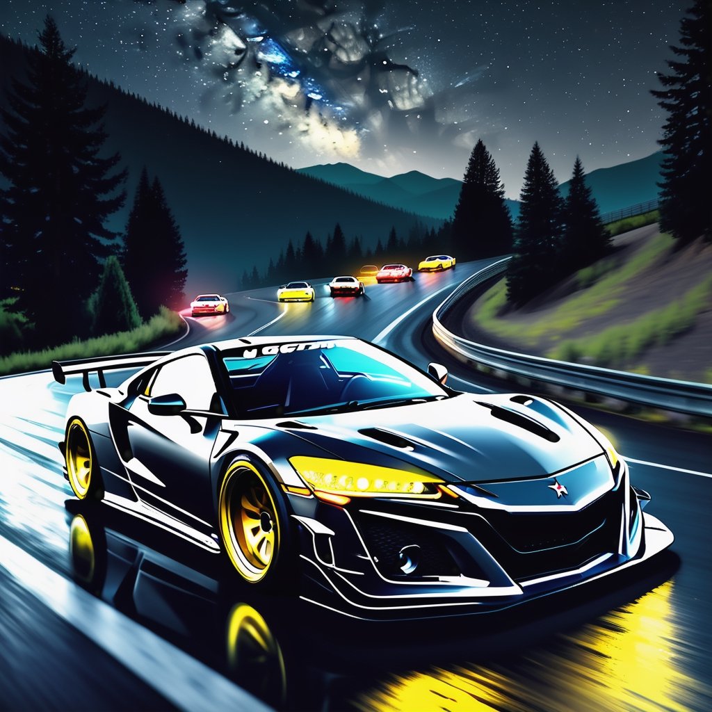 Race cars in a high speed street race (best quality,4k,8k,highres,masterpiece:1.2),ultra-detailed, ((a customized car)), ((street racer)), ((a beautiful paintjob)), ((fully detailed)), illustration, vivid colors, GTR, NSX,  Drifting, going fast, night, bright yellow headlights,setting USA Oregon's Mountain roads, No text on signs, Late night time dark skys filled with moonlight and bright stars,1 car.,Nature,modelshoot style, Fast action style, gray and black cars,