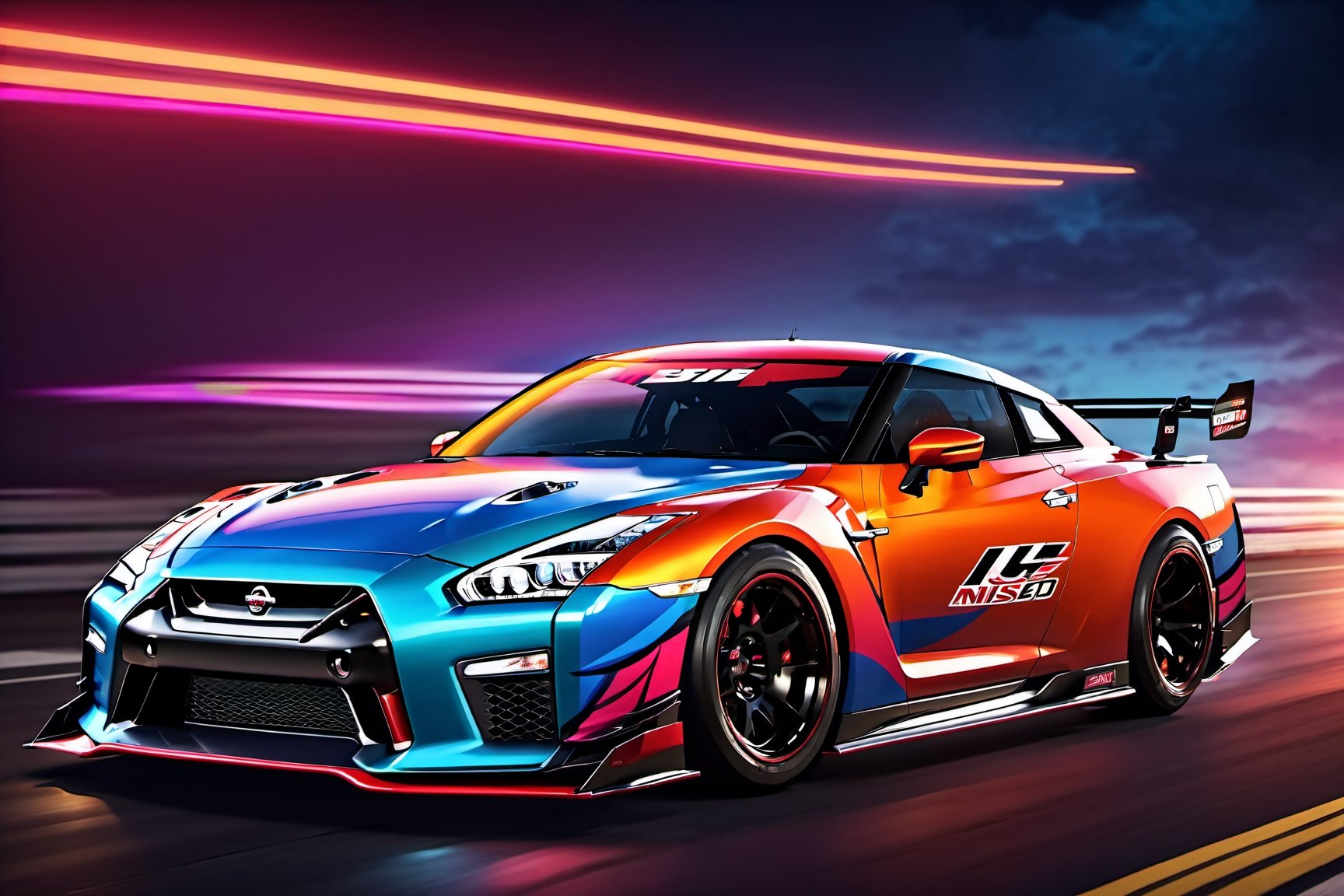 (((A photo realistic image of a Nissan GT-R Nismo))), ((wide shot)) , sharp, detailed car body , detailed tires, (masterpiece, best quality, ultra-detailed, 8K), race car, street racing-inspired, Drifting inspired, LED, ((Twin headlights)), (((Bright neon color racing stripes))), (Black racing wheels), Wheel spin showing motion, Show car in motion, Burnout,  wide body kit, modified car,  racing livery, masterpiece, best quality, realistic, ultra high res, (((depth of field))), (full dual color neon lights:1.2), (hard dual color lighting:1.4), (detailed background), (masterpiece:1.2), (ultra detailed), (best quality), intricate, comprehensive cinematic, magical photography, (gradients), glossy, Fast action style, Sideways drifting in to a turns, ,c_car,fire element