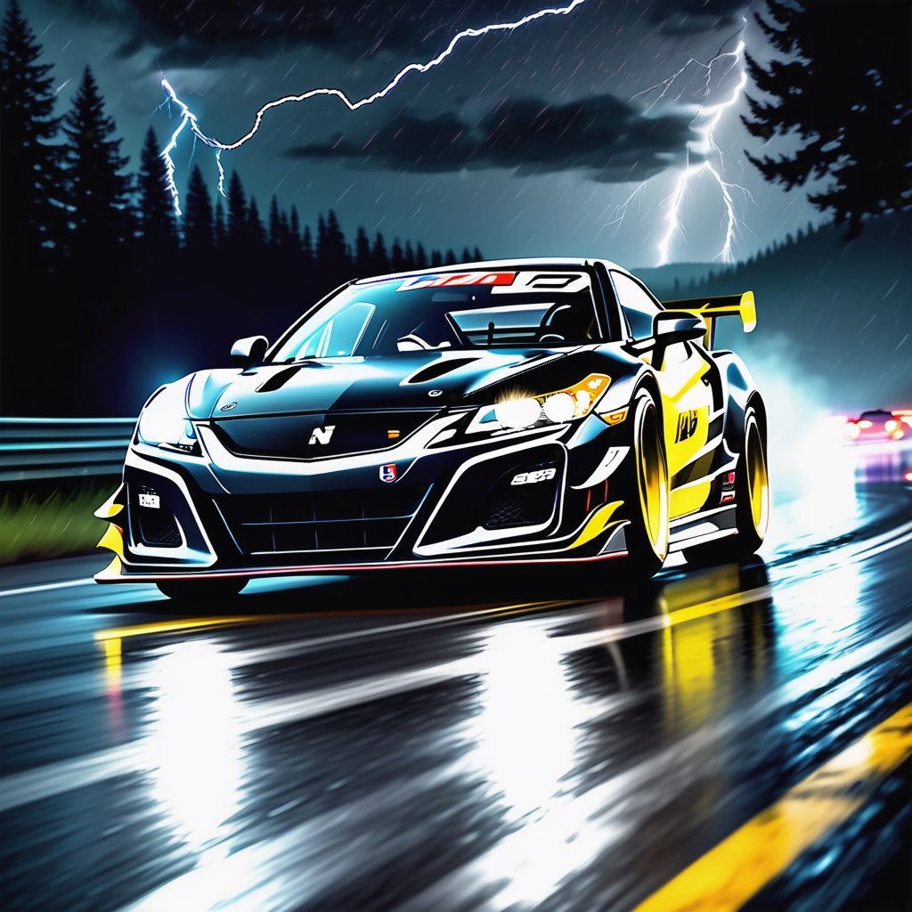 Race cars in a high speed street race (best quality,4k,8k,highres,masterpiece:1.2),ultra-detailed, ((a customized car)), ((street racer)), ((a beautiful paintjob)), ((fully detailed)), illustration, vivid colors, GTR, NSX,  Drifting, going fast, night, bright yellow headlights,setting USA Oregon's Mountain roads, No text on signs, Late night time dark skys filled with moonlight and bright stars,1 car.,Nature,modelshoot style, Fast action style, Sideways drifting in to a turn, gray and black cars, Set in a rain storm with lightning,