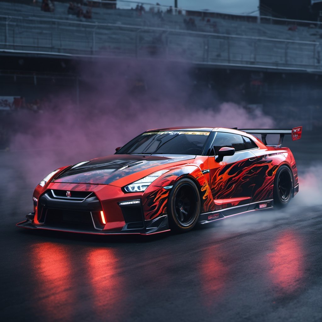 A photo realistic image of a Nissan GT-R Nismo 2023 
, sharp, detailed car body ,ethereal art, detailed tires, fire scene, (masterpiece, best quality, ultra-detailed, 8K), race car, street racing-inspired, Drifting inspired, LED, ((Twin headlights)), (((Bright neon color racing stripes))), (Black racing wheels), Wheel spin showing motion, Show car in motion, Burnout,  wide body kit, modified car,  racing livery, masterpiece, best quality, realistic, ultra high res, (((depth of field))), (full dual color neon lights:1.2), (hard dual color lighting:1.4), (detailed background), (masterpiece:1.2), (ultra detailed), (best quality), intricate, comprehensive cinematic, magical photography, (gradients), glossy, Fast action style, fire out of tail pipes, Sideways drifting in to a turns, Neon galaxy metalic paint with race stripes,