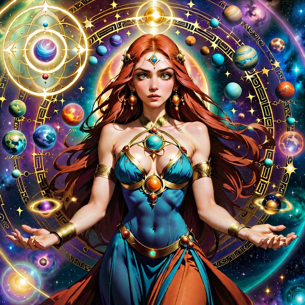[Uma mulher] [Maga conjuring magic circles] [a goddess holding planets in her hand] [corpo inteiro] [alta qualidade] [colorido] [livro] [universo] [magic symbolagia]
,(PnMakeEnh)