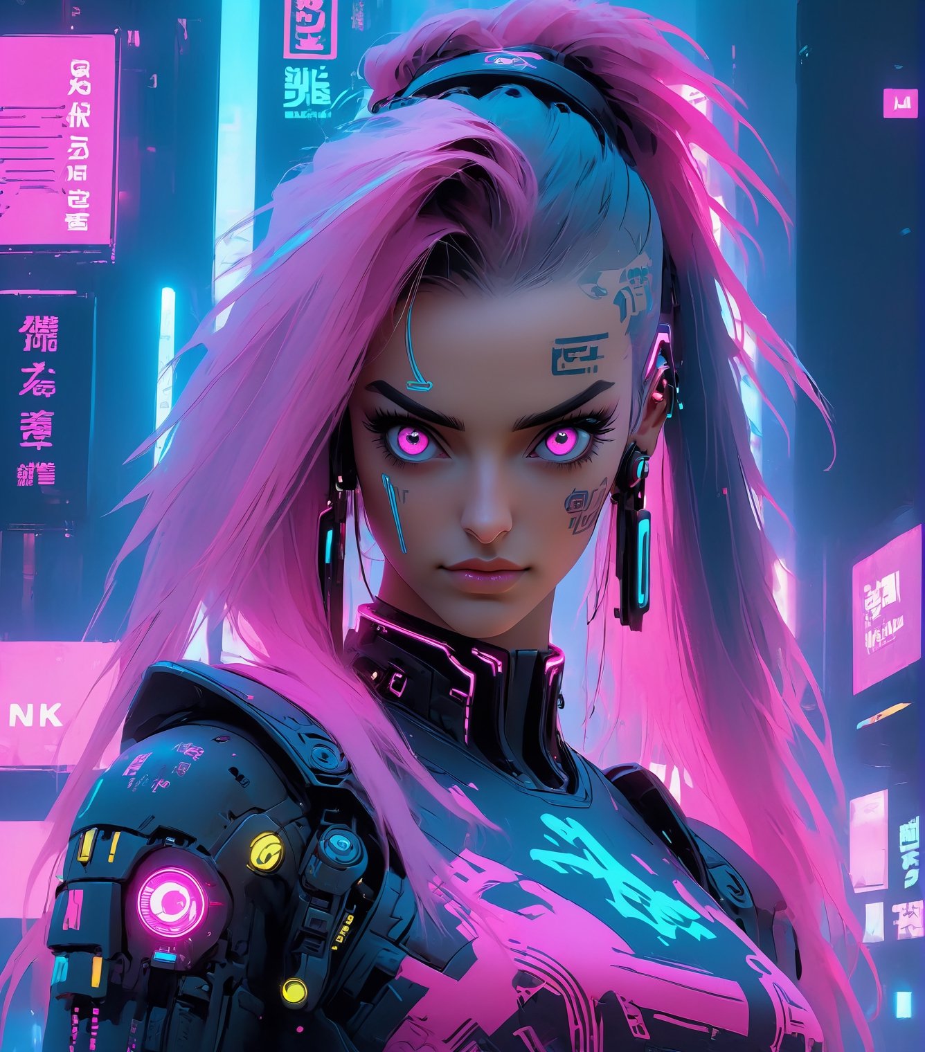 (((beautiful cyberpunk female view full body))), Wide Shot, hyper detail, cinematic lighting, long beautiful pink hair, neon light city, 4k, trending on artstation, pixiv, perfect detail, Jeremy Mann, Rutkowski, and other Artstation illustrators, intricate details, (((full body portrait))), illustration, UHD, 4K, high resolution face, detailed face, high definition pink eyes, detailed eyes,cyberpunk style