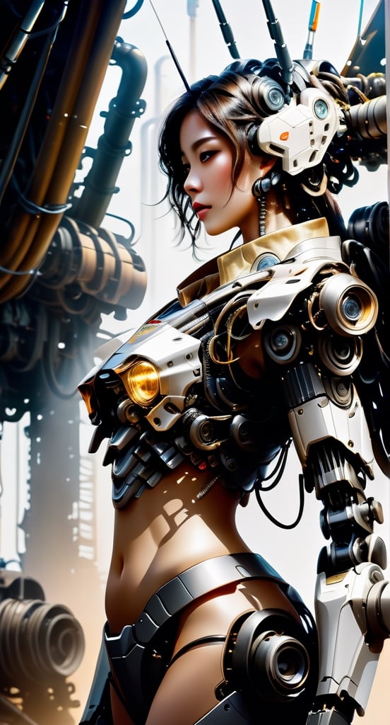 1 woman inside a huge bulky exoskeleton  robot  , ((bulky)) armor,  mecha, 
ink, clean lines,  negative space, high contrast, gradient color,(((masterpiece))), ((best quality)), (ultra-detailed), (CG illustration), (an extremely devious and beautiful)), cinematic light, ((mechanical girl)), single, (machine-made joints: 1.4), ((mechanical limblood vessels attached to the tube), ((mechanical cervical vertebrae attached to the neck), (wires and cables attached to the head and body: 1.5), city ruin scenery