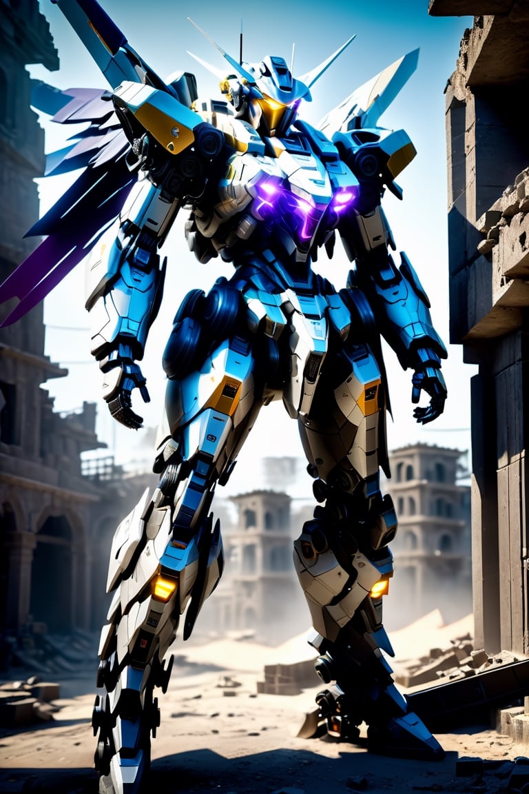 ((Best Quality)), ((Masterpiece)), (Very Detailed:1.3), 3D, Shitu-mecha,  cyberpunk maskedman with his purple mech in the ruins of a city in the forgotten war, Ancient technology, HDR (High Dynamic Range), ray tracing, NVIDIA RTX, super resolution, unreal 5, subsurface scattering, PBR texture, post-processing, anisotropic filtering, depth of field, maximum sharpness and sharpness, multi-layer texture, albedo and highlight maps, surface shading, Accurate simulation of light-material interactions, perfect proportions, octane rendering, duotone lighting, low ISO, white balance, rule of thirds, wide aperture, 8K RAW, efficient sub-pixels, subpixel convolution, luminescent particles, light scattering, Tyndall effect