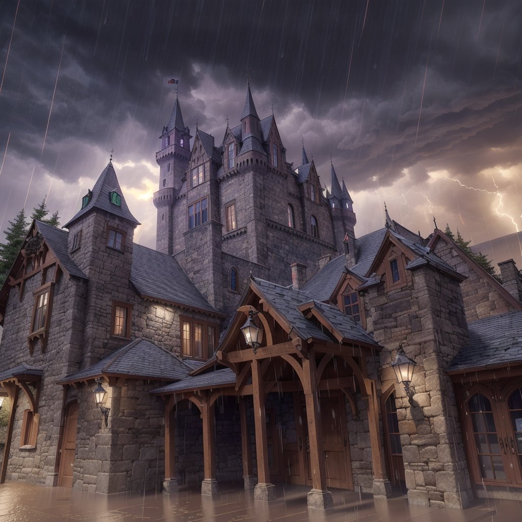 (((A castle in a a rain storm lighting streatching across the sky while rain falls)), (hyper-detailed scenery:1.5), (sharpen details:1.2), high detail, Hyperrealism, wide shot, masterpiece, super detail, award winning, highres, 4K, best quality, Nature,