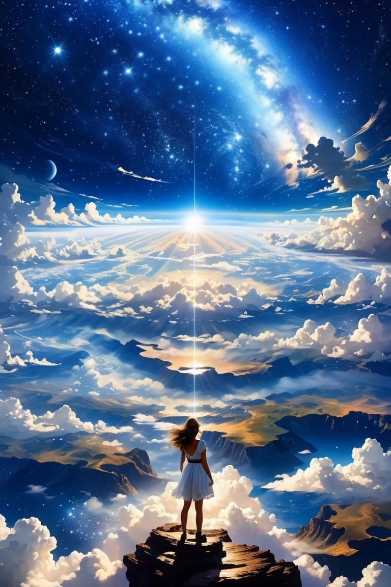 As he traveled back in his past, someone meets him in a Chronos Portal, river, galaxy, prodigal son, unknown path,Step into a world of wonder and ethereal beauty, where reality and dreams intertwine. Visualize an awe-inspiring scene - a breathtaking view of a sea of stars, shimmering brilliantly above a blanket of fluffy clouds. In the foreground, a young girl stands on a cloud, her silhouette poised against the celestial panorama.
BREAK 
Describe the girl's stance as she gazes up at the vast expanse of twinkling stars, capturing her sense of awe and reverence. Explore the emotions evoked by the scene - a mix of wonder, curiosity, and a deep connection to the vastness of the universe. Consider the significance of this moment for the girl - is she contemplating her place in the cosmos, seeking solace or inspiration, or perhaps embarking on a celestial journey of her own?
BREAK 
Craft a brief narrative or evoke a sense of atmosphere, using evocative language to emphasize the surreal and otherworldly nature of the scene. Explore the interplay between the tangible and the intangible - the solid cloud beneath her feet contrasting with the infinite expanse of stars above. Consider incorporating sensory details such as the soft touch of the cloud, the sound of distant celestial music, or the faint scent of stardust in the air.