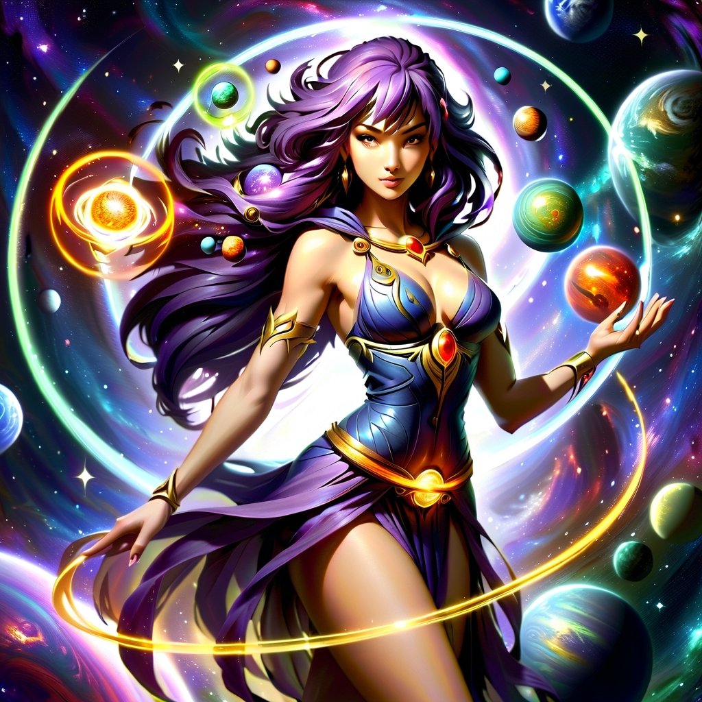 [Uma mulher] [Maga conjuring magic circles] [a goddess holding planets in her hand] [corpo inteiro] [alta qualidade] [colorido] [livro] [universo] [magic symbolagia]
,(PnMakeEnh),Sexy,GUILD WARS,portraitart,DonM3l3m3nt4lXL