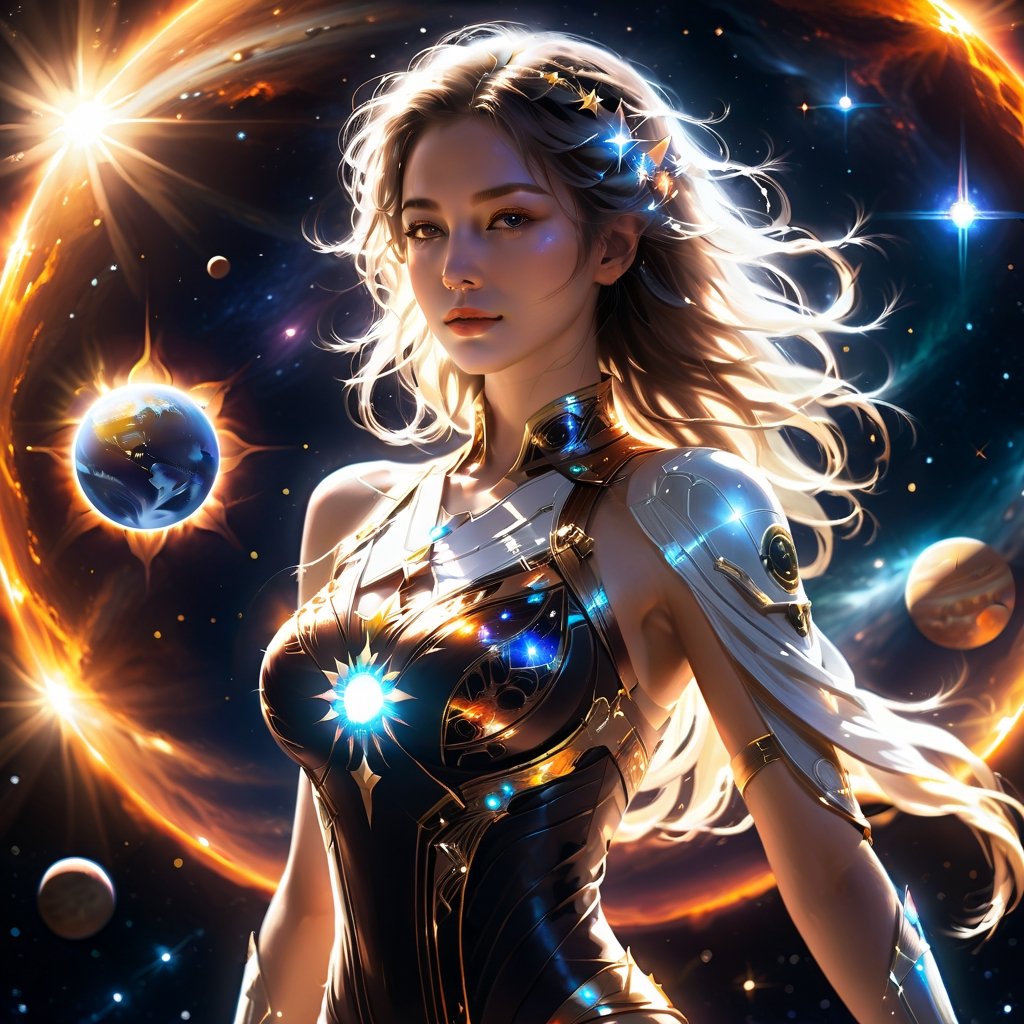 a goddess-like beautiful being is holding a brightly glowing sun at her hands in space there are nebulas and stars at the scene, the character is almost transparent and has bright white glowing eyes, artstation masterpiece, space, planets, stars, sun, solar flares, realistic,