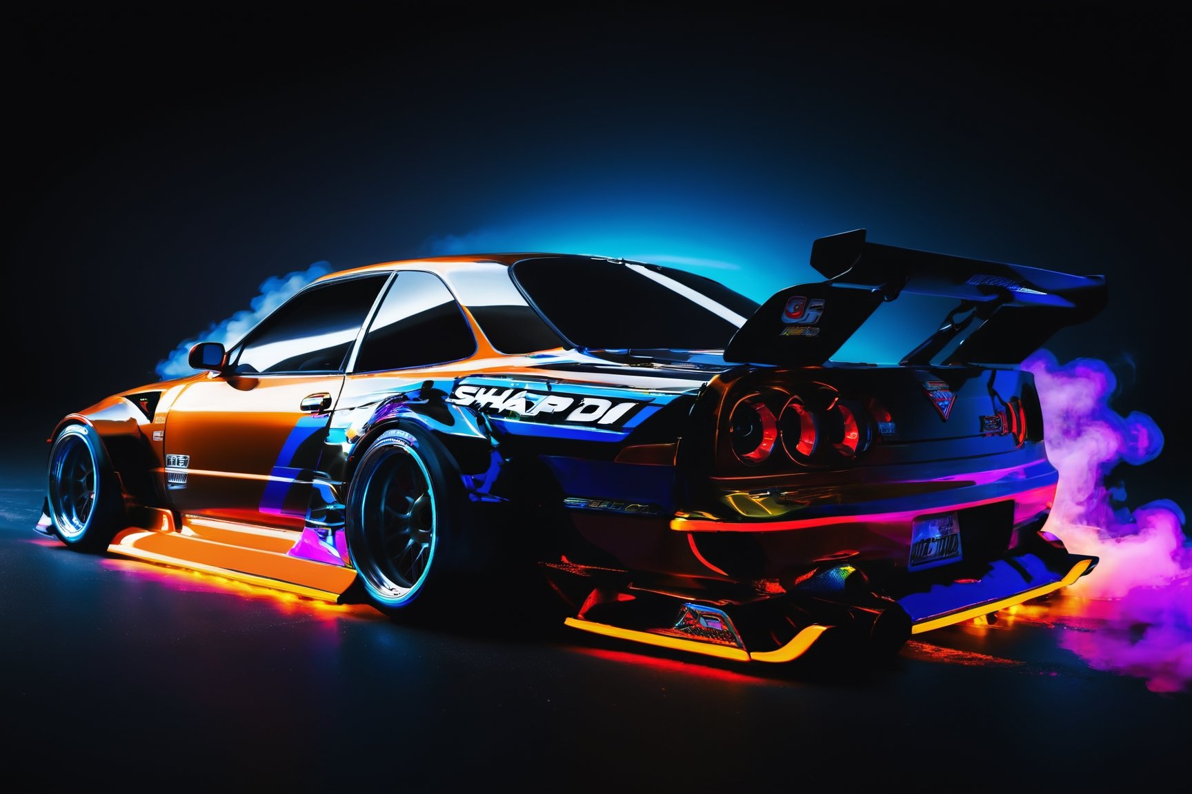 A neon image displaying "
, sharp, detailed car body ,ethereal art, detailed tires, fire scene, (masterpiece, best quality, ultra-detailed, 8K), race car, street racing-inspired, Drifting inspired, LED, ((Twin headlights)), (((Bright neon color racing stripes))), (Black racing wheels), Wheel spin showing motion, Show car in motion, Burnout,  wide body kit, modified car,  racing livery, masterpiece, best quality, realistic, ultra high res, (((depth of field))), (full dual color neon lights:1.2), (hard dual color lighting:1.4), (detailed background), (masterpiece:1.2), (ultra detailed), (best quality), intricate, comprehensive cinematic, magical photography, (gradients), glossy, Fast action style, fire out of tail pipes, Sideways drifting in to a turns, Neon galaxy metalic paint with race stripes,"