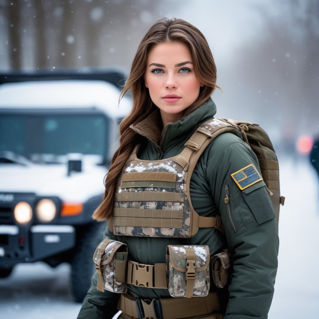 (photorealistic), beautiful lighting, best quality, realistic, full body portrait, real picture, intricate details, depth of field, 1girl, in a cold snowstorm, A very muscular solider girl with haircut, wearing winter camo military fatigues, camo plate carrier rig, combat gloves, (magazin pouches), (kneepads), highly-detailed, perfect face, blue eyes, lips, wide hips, small waist, tall, make up, tacticool, Fujifilm XT3, outdoors, bright day, Beautiful lighting, RAW photo, 8k uhd, film grain, ((bokeh))