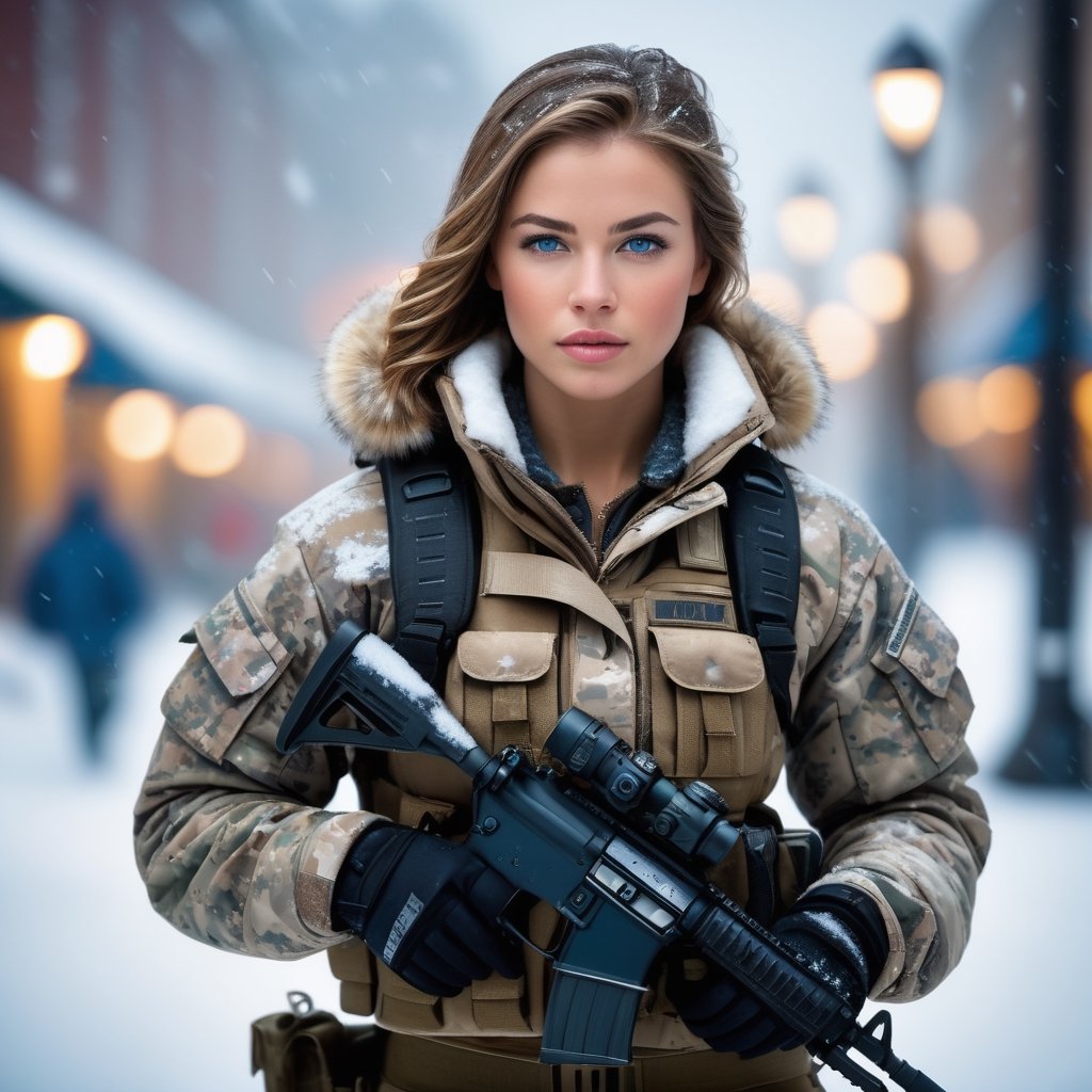 (photorealistic), beautiful lighting, best quality, realistic, full body portrait, real picture, intricate details, depth of field, 1girl, in a cold snowstorm, A very muscular solider girl with haircut, wearing winter camo military fatigues, camo plate carrier rig, combat gloves, (magazin pouches), (kneepads), highly-detailed, perfect face, blue eyes, lips, wide hips, small waist, tall, make up, tacticool, Fujifilm XT3, outdoors, bright day, Beautiful lighting, RAW photo, 8k uhd, film grain, ((bokeh))