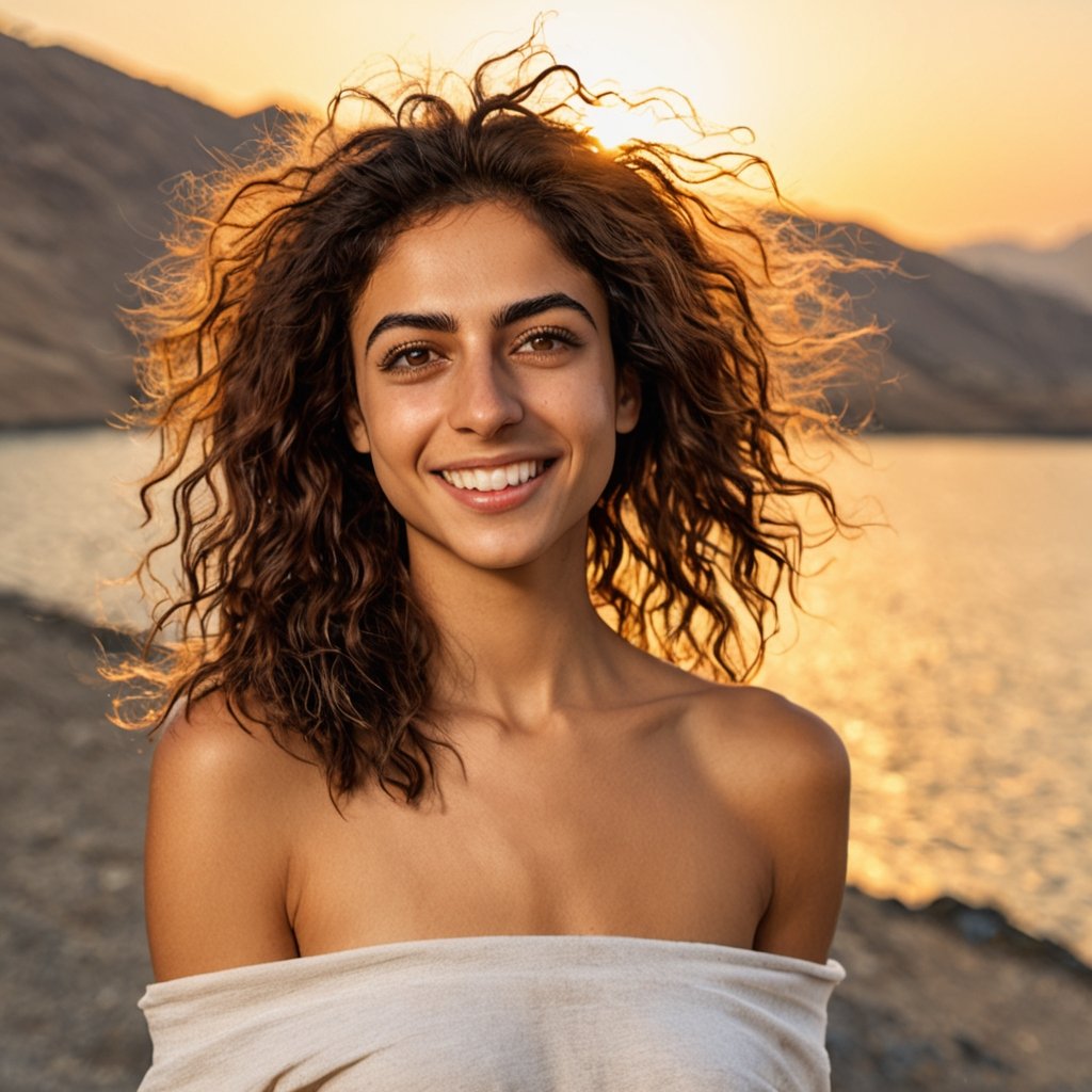 (photorealistic), (masterpiece), real photo, 8k UHD, solo female, iranian, 25 years old, natural beauty, best quality, ultra quality, ultra detailed, realistic eyes, ultra realistic, photography, standing, beach, sunny weather, warm lighting, outdoor, beach, upper body, messy hair, smile, tanned skin, bare shoulders, perfect imperfections, small breasts, ,photo r3al