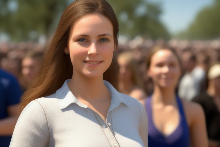 photorealistic. a beautiful female character who is in the middle of a crowd as a cheerful European-looking girl