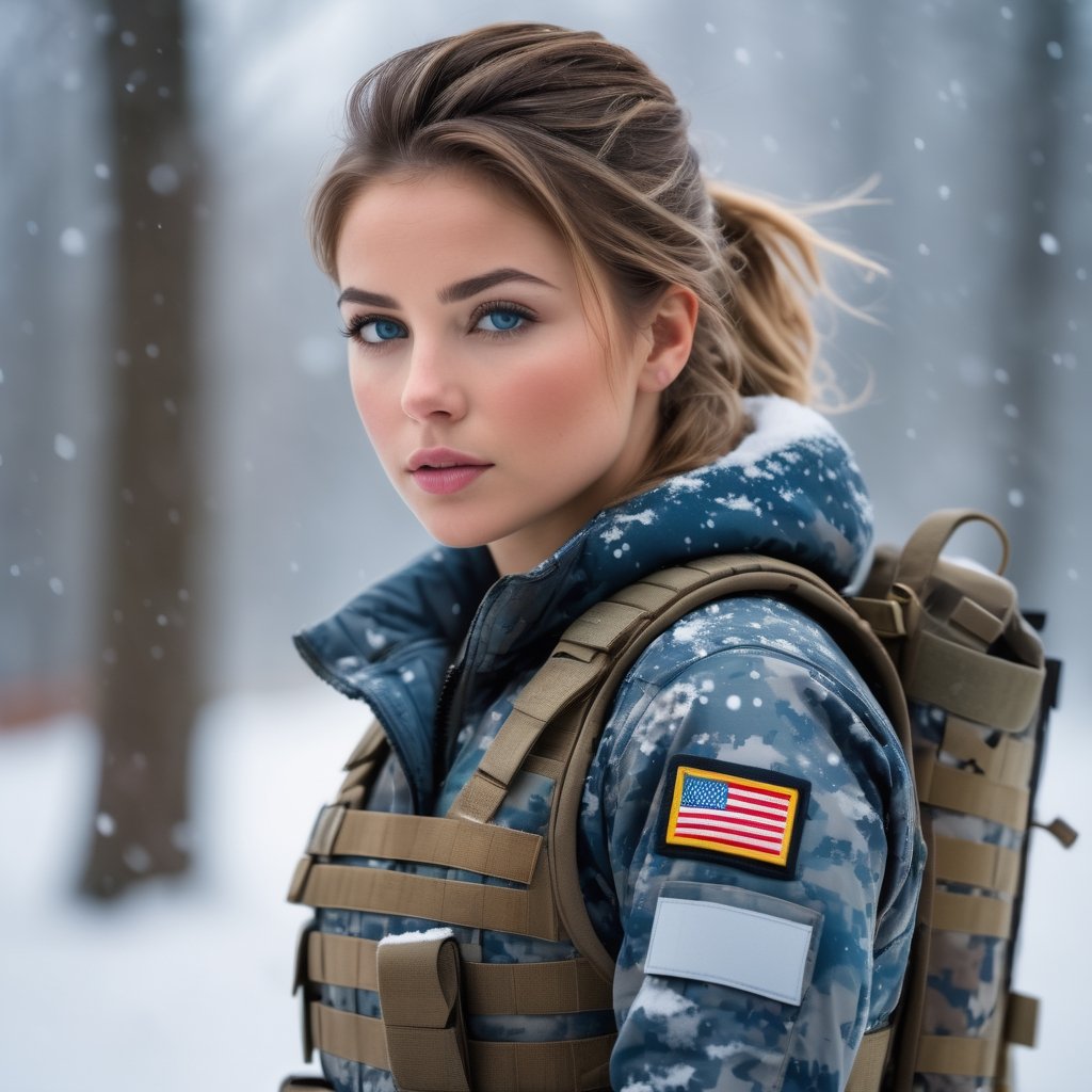 (photorealistic), beautiful lighting, best quality, realistic, full body portrait, real picture, intricate details, depth of field, 1girl, in a cold snowstorm, A very muscular solider girl with haircut, wearing winter camo military fatigues, camo plate carrier rig, combat gloves, (magazin pouches), (kneepads), highly-detailed, perfect face, blue eyes, lips, wide hips, small waist, tall, make up, tacticool, Fujifilm XT3, outdoors, bright day, Beautiful lighting, RAW photo, 8k uhd, film grain, ((bokeh))