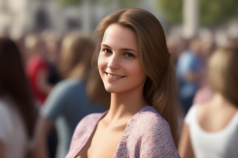 photorealistic. a beautiful female character who is in the middle of a crowd as a cheerful European-looking girl