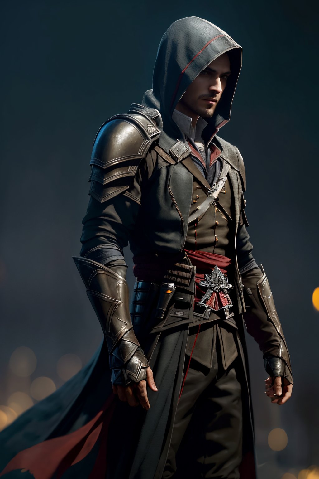 1boy,assassin suit,cinematic,best looks,armored,best assassin outfit, fullbody, ((dark background:1.2)),((night view:1)),((light bokeh)),detailed, sharp focus, photo by greg rutkowski, soft lighting, (masterpiece), (detailed face:1.2),highly detailed,best quality,16k, from below,assassin's creed theme,(detailed hands:1)