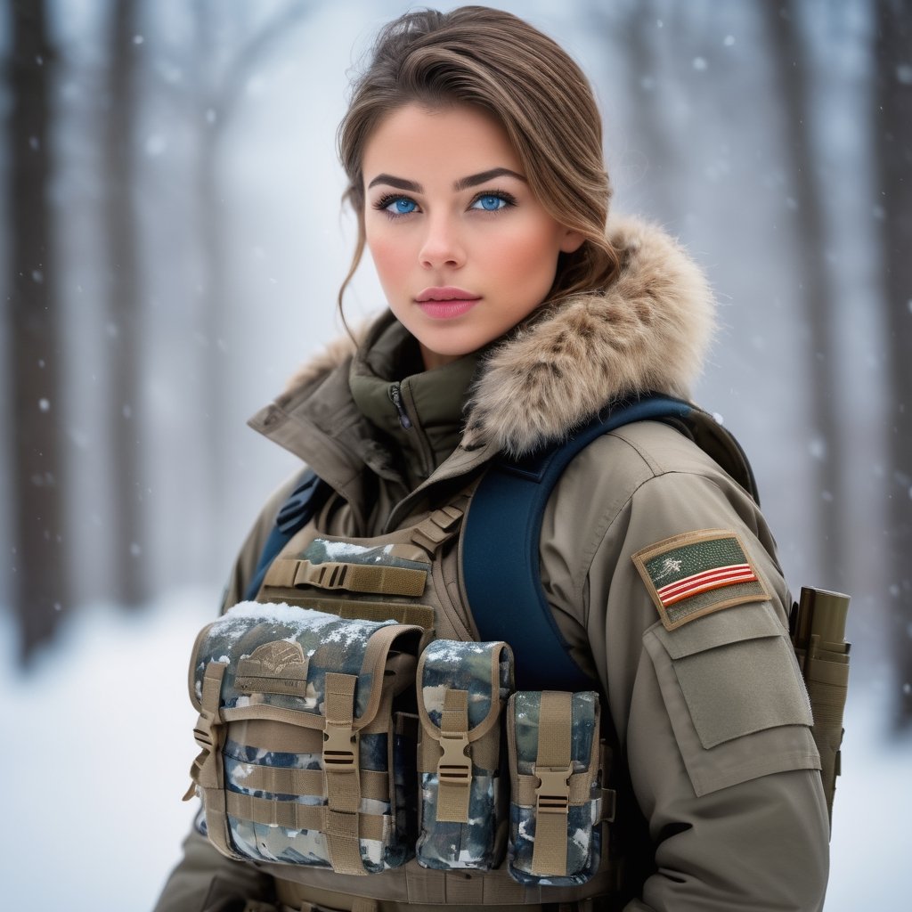 (photorealistic), beautiful lighting, best quality, realistic, full body portrait, real picture, intricate details, depth of field, 1girl, in a cold snowstorm, A very muscular solider girl with haircut, wearing winter camo military fatigues, camo plate carrier rig, combat gloves, (magazin pouches), (kneepads), highly-detailed, perfect face, blue eyes, lips, wide hips, small waist, tall, make up, tacticool, Fujifilm XT3, outdoors, bright day, Beautiful lighting, RAW photo, 8k uhd, film grain, ((bokeh))