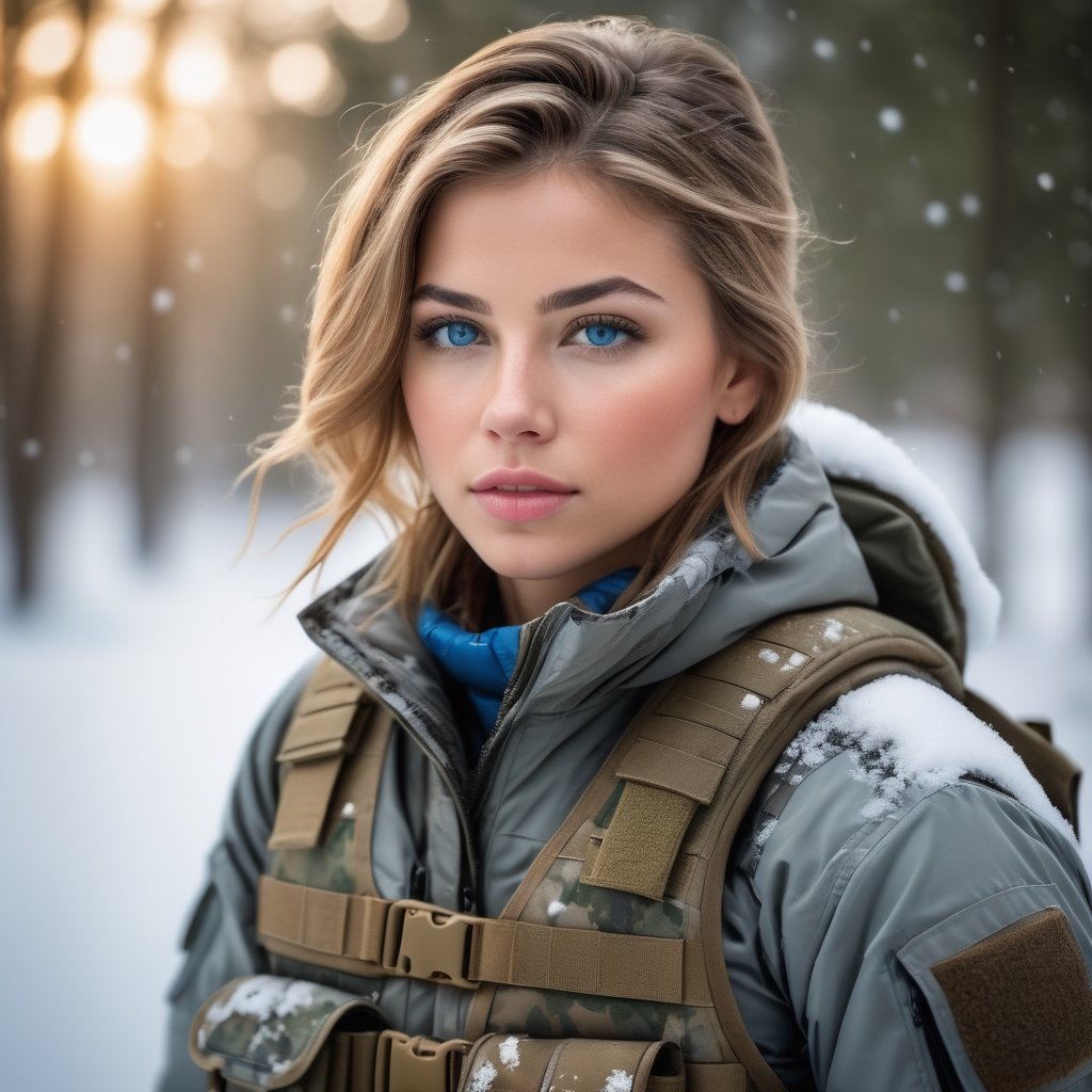 (photorealistic), beautiful lighting, best quality, realistic, full body portrait, real picture, intricate details, depth of field, 1girl, in a cold snowstorm, A very muscular solider girl with haircut, wearing winter camo military fatigues, camo plate carrier rig, combat gloves, (magazin pouches), (kneepads), highly-detailed, perfect face, blue eyes, lips, wide hips, small waist, tall, make up, tacticool, Fujifilm XT3, outdoors, bright day, Beautiful lighting, RAW photo, 8k uhd, film grain, ((bokeh))