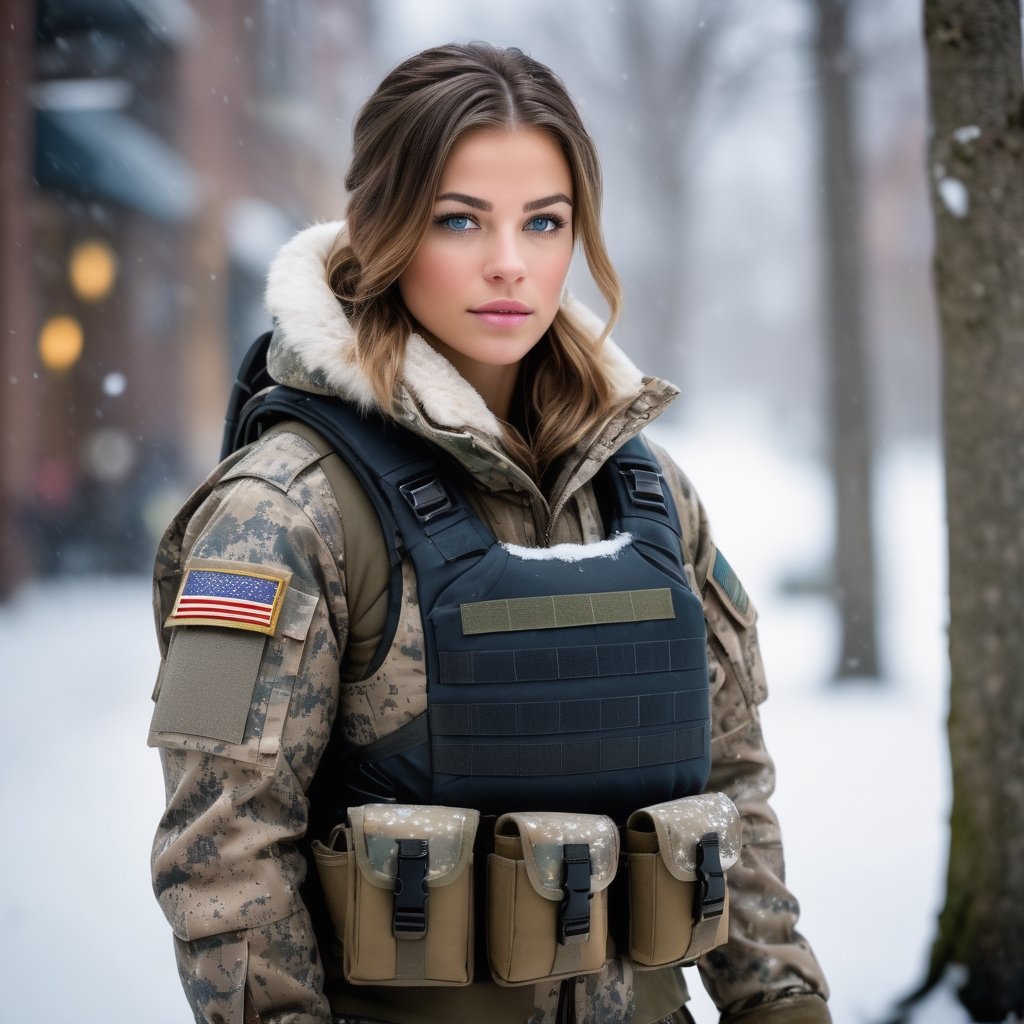 (photorealistic), beautiful lighting, best quality, realistic, full body portrait, real picture, intricate details, depth of field, 1girl, in a cold snowstorm, A very muscular solider girl with haircut, wearing winter camo military fatigues, camo plate carrier rig, combat gloves, (magazin pouches), (kneepads), highly-detailed, perfect face, blue eyes, lips, wide hips, small waist, tall, make up, tacticool, Fujifilm XT3, outdoors, bright day, Beautiful lighting, RAW photo, 8k uhd, film grain, ((bokeh))