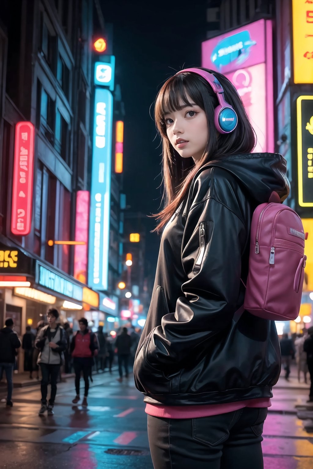 Dreampolis, hyper-detailed digital illustration, cyberpunk, single girl with techsuite hoodie and headphones in the street, neon lights, lighting bar, city, cyberpunk city, film still, backpack, in megapolis, pro-lighting, high-res, masterpiece,Wonder of Art and Beauty