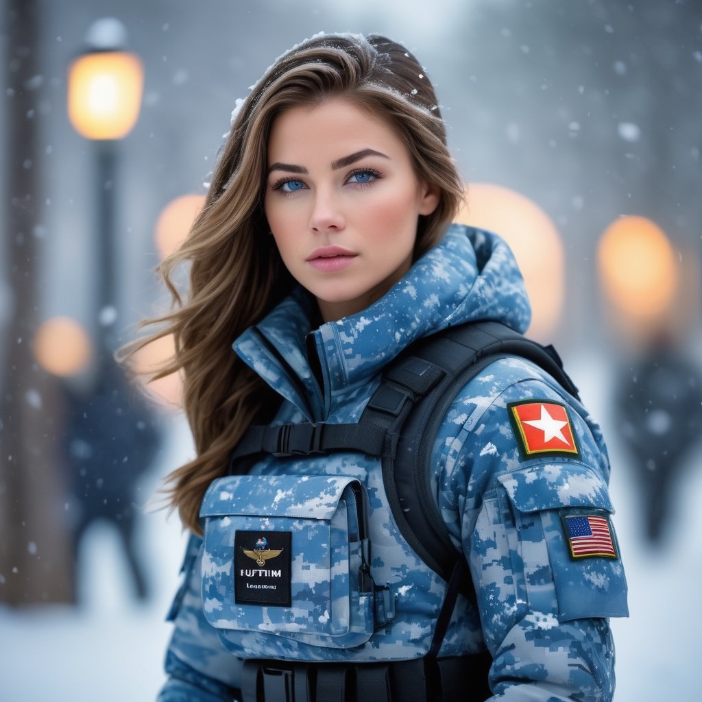 (photorealistic), beautiful lighting, best quality, realistic, full body portrait, real picture, intricate details, depth of field, 1girl, in a cold snowstorm, A very muscular solider girl with haircut, wearing winter camo military fatigues, camo plate carrier rig, combat gloves, (magazin pouches), (kneepads), highly-detailed, perfect face, blue eyes, lips, wide hips, small waist, tall, make up, tacticool, Fujifilm XT3, outdoors, bright day, Beautiful lighting, RAW photo, 8k uhd, film grain, ((bokeh))