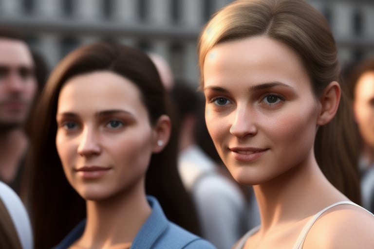 photorealistic. a beautiful female character who is in the middle of a crowd as a cheerful European-looking girl