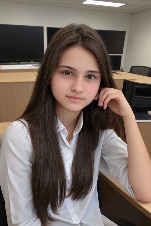 18 year old waif-like model, brown eyes, full lips, thin face, long brown hair pulled up wearing business attire at a corporate office