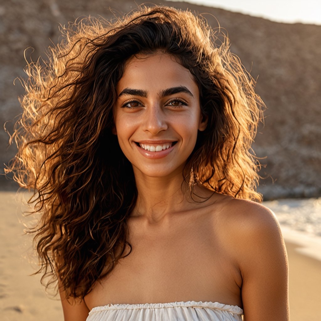 (photorealistic), (masterpiece), real photo, 8k UHD, solo female, iranian, 25 years old, natural beauty, best quality, ultra quality, ultra detailed, realistic eyes, ultra realistic, photography, standing, beach, sunny weather, warm lighting, outdoor, beach, upper body, messy hair, smile, tanned skin, bare shoulders, perfect imperfections, small breasts, ,photo r3al