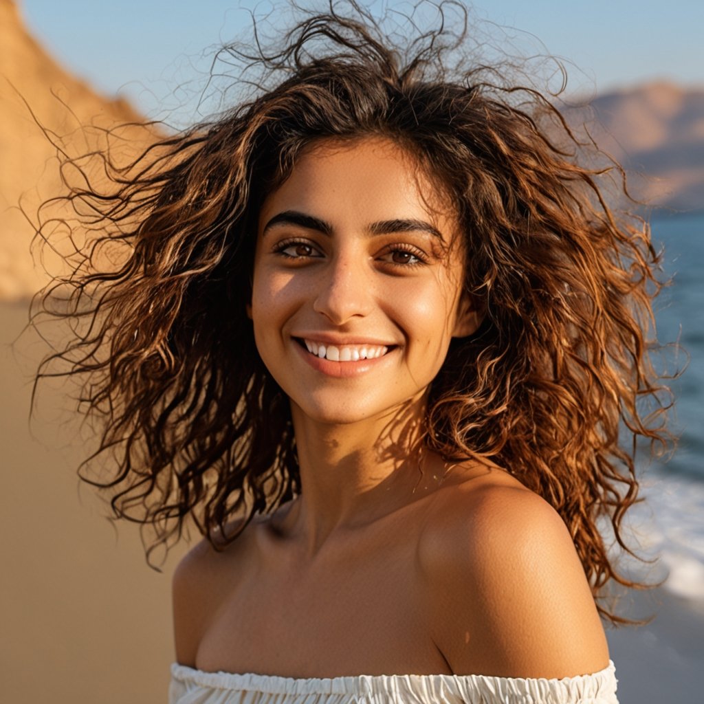 (photorealistic), (masterpiece), real photo, 8k UHD, solo female, iranian, 25 years old, natural beauty, best quality, ultra quality, ultra detailed, realistic eyes, ultra realistic, photography, standing, beach, sunny weather, warm lighting, outdoor, beach, upper body, messy hair, smile, tanned skin, bare shoulders, perfect imperfections, small breasts, ,photo r3al