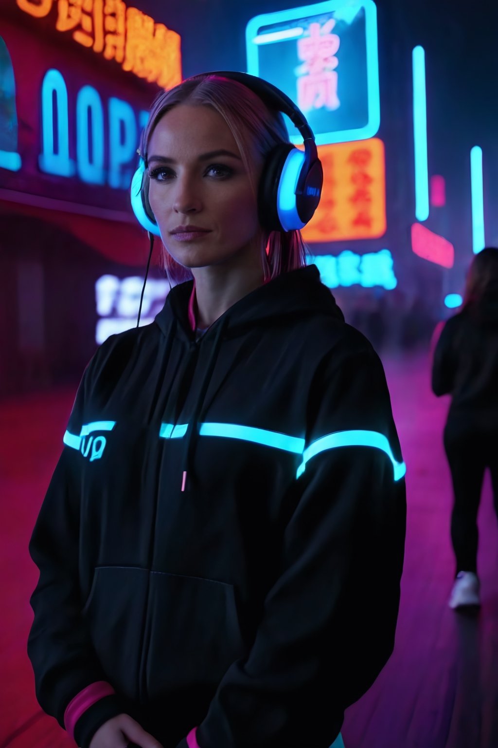 Dreampolis, hyper-detailed digital illustration, cyberpunk, single girl with techsuite hoodie and headphones in the street, neon lights, lighting bar, city, cyberpunk city, film still, backpack, in megapolis, pro-lighting, high-res, masterpiece,Wonder of Art and Beauty,black and grey ds9st uniform