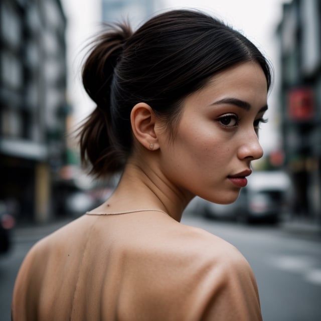 32k resolution, hyper realism, high quiality, close up of a beautiful woman, Tokyo street, lace leather jacket, messy brunette ponytail, sharp focus, photorealism,photorealistic,,,<lora:659111690174031528:1.0>