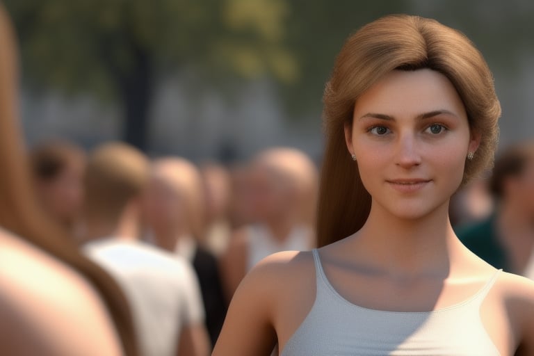 photorealistic. a beautiful female character who is in the middle of a crowd as a cheerful European-looking girl