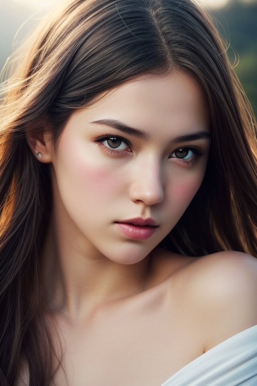 photorealistic:1.37, masterpiece, best quality, raw photo, absurd res, UHD, long hair, brown hair, (Very Sexy girl), (Ultra realistic), (Illustration), (High resolution), (8K), (Very detailed), (Best illustration), (Beautiful brown eyes), (Best quality), (Ultra detailed), (Masterpiece), (Detailed face), Solo, beautiful young woman, beautiful face, glow, soothing tones,  muted colors, high contrast, soft skin ,sunshine, floating long hair, big-wave, (pale skin), (hyperrealism, soft light, sharp),1girls, (brown eyes) ,raidenshogundef,weiboZH,spidergwen,Fechin