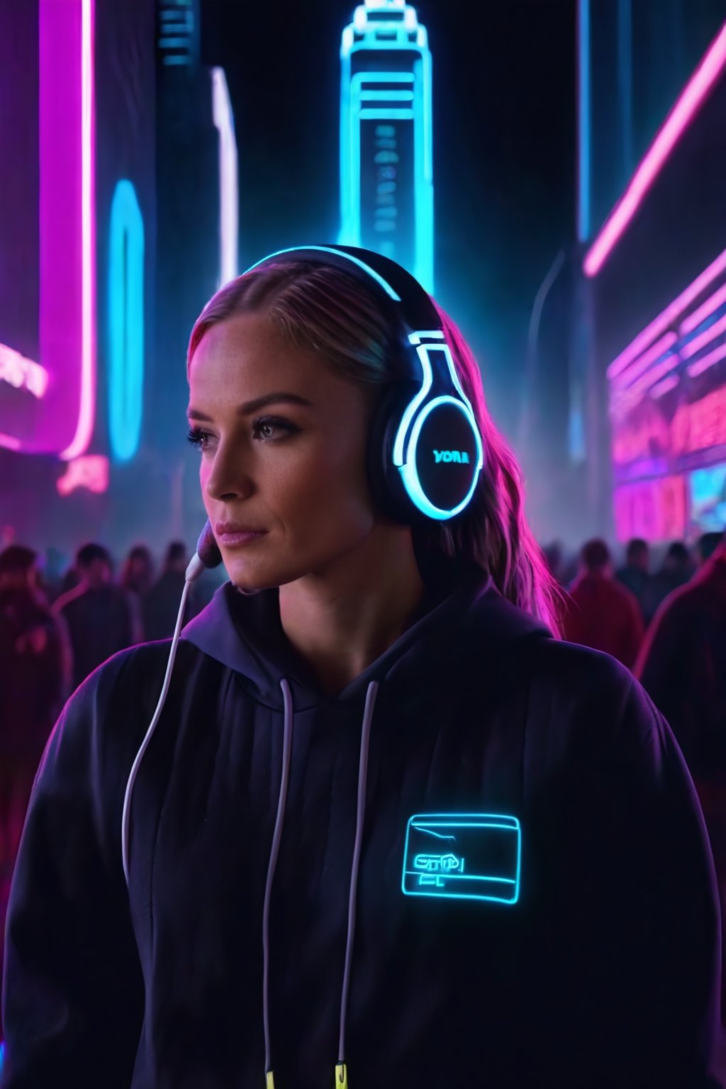 Dreampolis, hyper-detailed digital illustration, cyberpunk, single girl with techsuite hoodie and headphones in the street, neon lights, lighting bar, city, cyberpunk city, film still, backpack, in megapolis, pro-lighting, high-res, masterpiece,Wonder of Art and Beauty,black and grey ds9st uniform