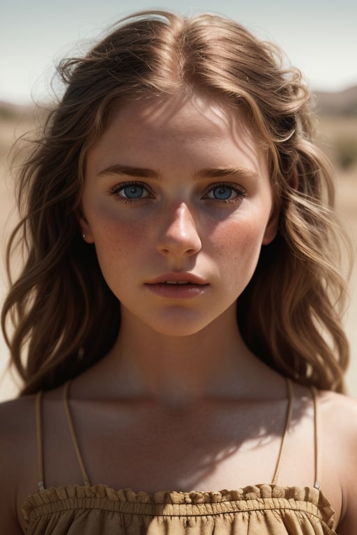 a european girl outdoors, california dessert, summer dress, ginger, by lee jeffries nikon d850 film stock photograph 4 kodak portra 400 camera f1.6 lens rich colors hyper realistic lifelike texture dramatic lighting unrealengine trending on artstation cinestill 800,realism,realistic,raw,analog,woman,portrait